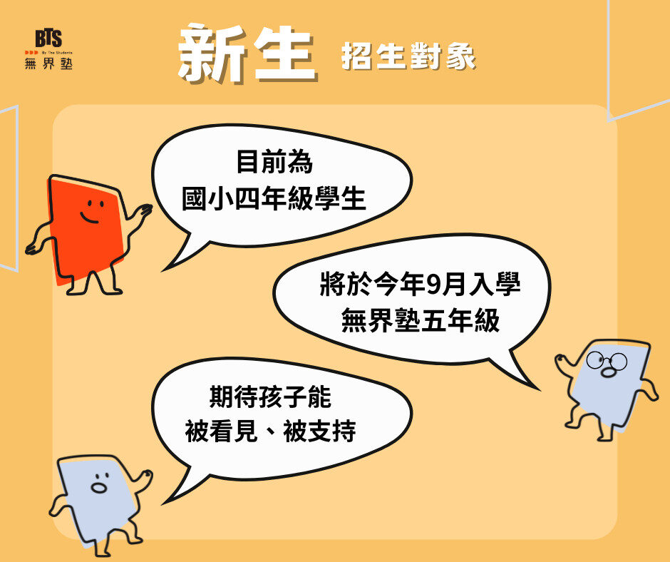 無界塾115學年度招生對象
本次招生入學對象為符合以下學齡，且家庭教育理念與無界塾契合者。
【新生】
現為小學四年級學生，將於2026年9月轉入無界塾就讀五年級
【補生】
國小部：現為小學五年級，將於2026年9月轉入無界塾就讀六年級
國中部：現為小學六年級，將於2026年9月入學無界塾就讀七年級（國一）
高中部：現為國中九年級，將於2026年9月入學無界塾就讀十年級（高一）
